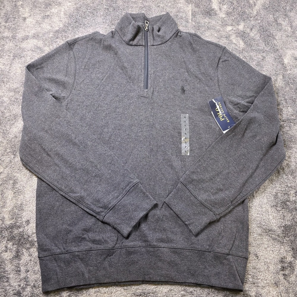 Polo Ralph Lauren Luxury Jersey Herringbone 1/4 Zip Sweater Mens Small Gray
